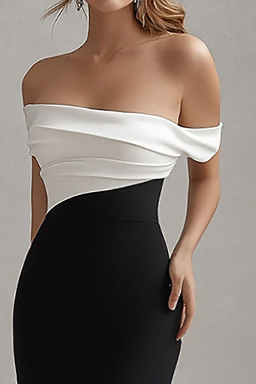 Matte Satin Sheath Off the Shoulder Black Tie Dress